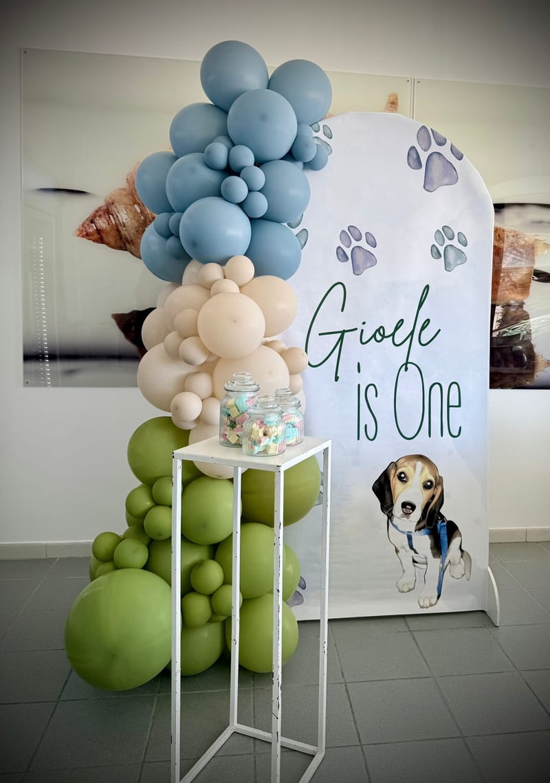 Allestimento per primo compleanno a tema cagnolino con palloncini verde salvia e azzurri