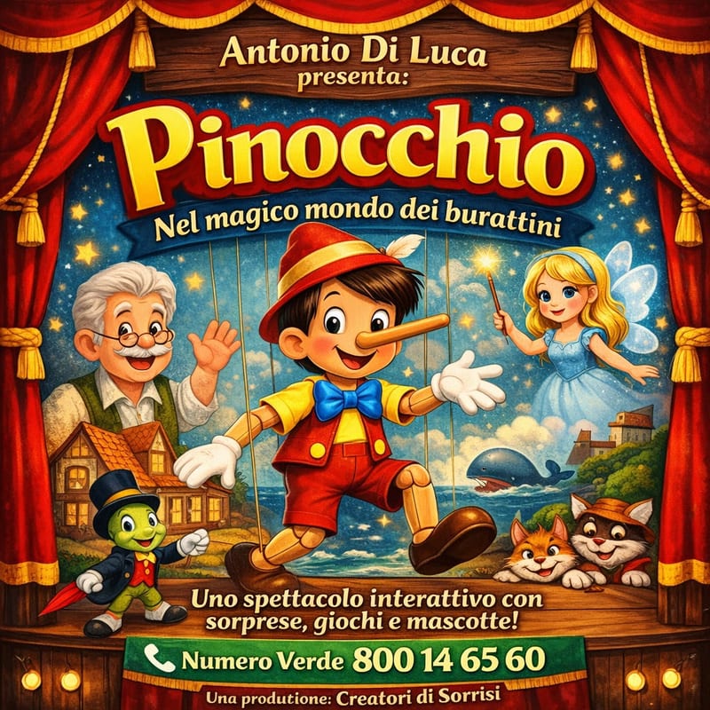 Locandina dello spettacolo Pinocchio nel magico mondo dei burattini, spettacolo interattivo con sorprese, giochi e mascotte