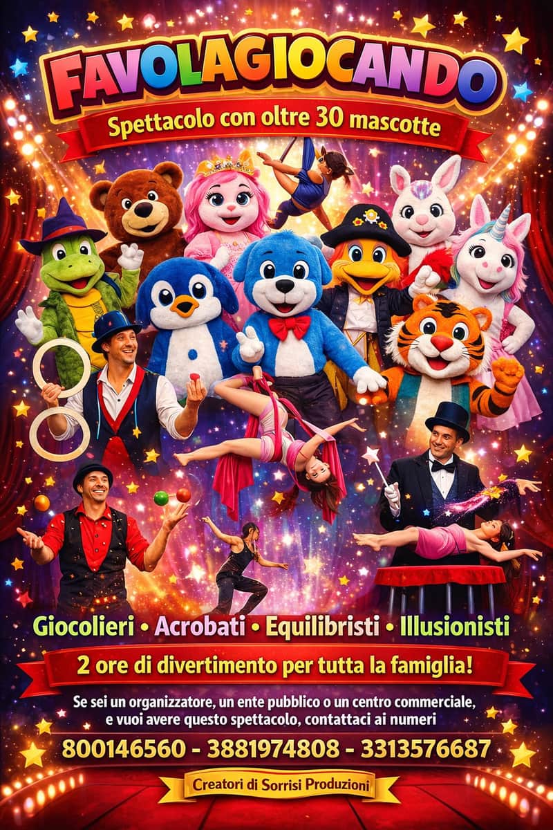 Locandina spettacolo con mascotte, giocolieri, acrobati, equilibristi e illusionisti, due ore di divertimento per la famiglia
