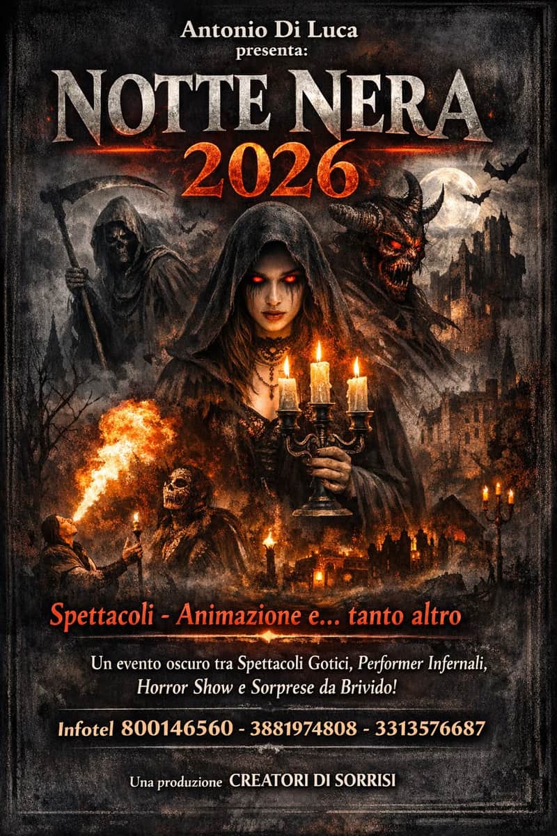 Locandina Halloween 2026 con spettacoli gotici, performer infernali e horror show
