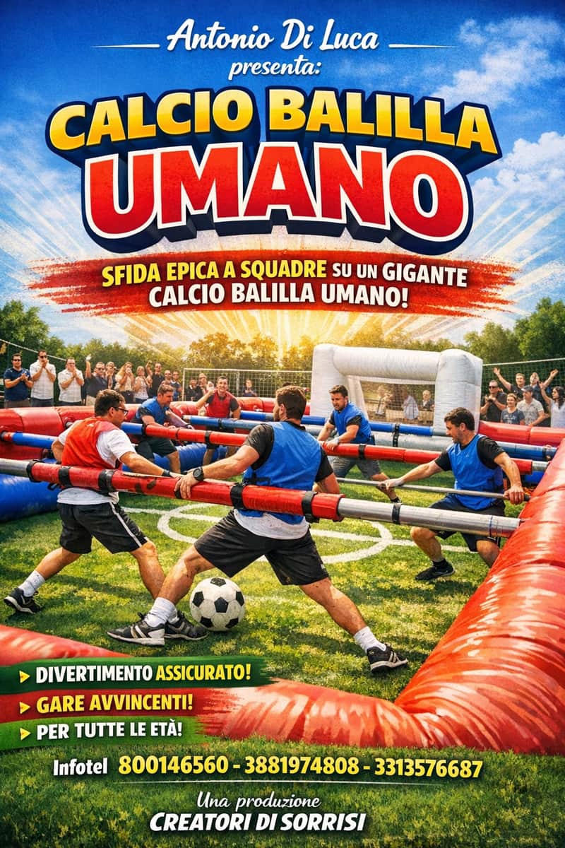 Locandina Calcio Balilla Umano, sfida a squadre su un gigante calcio balilla gonfiabile