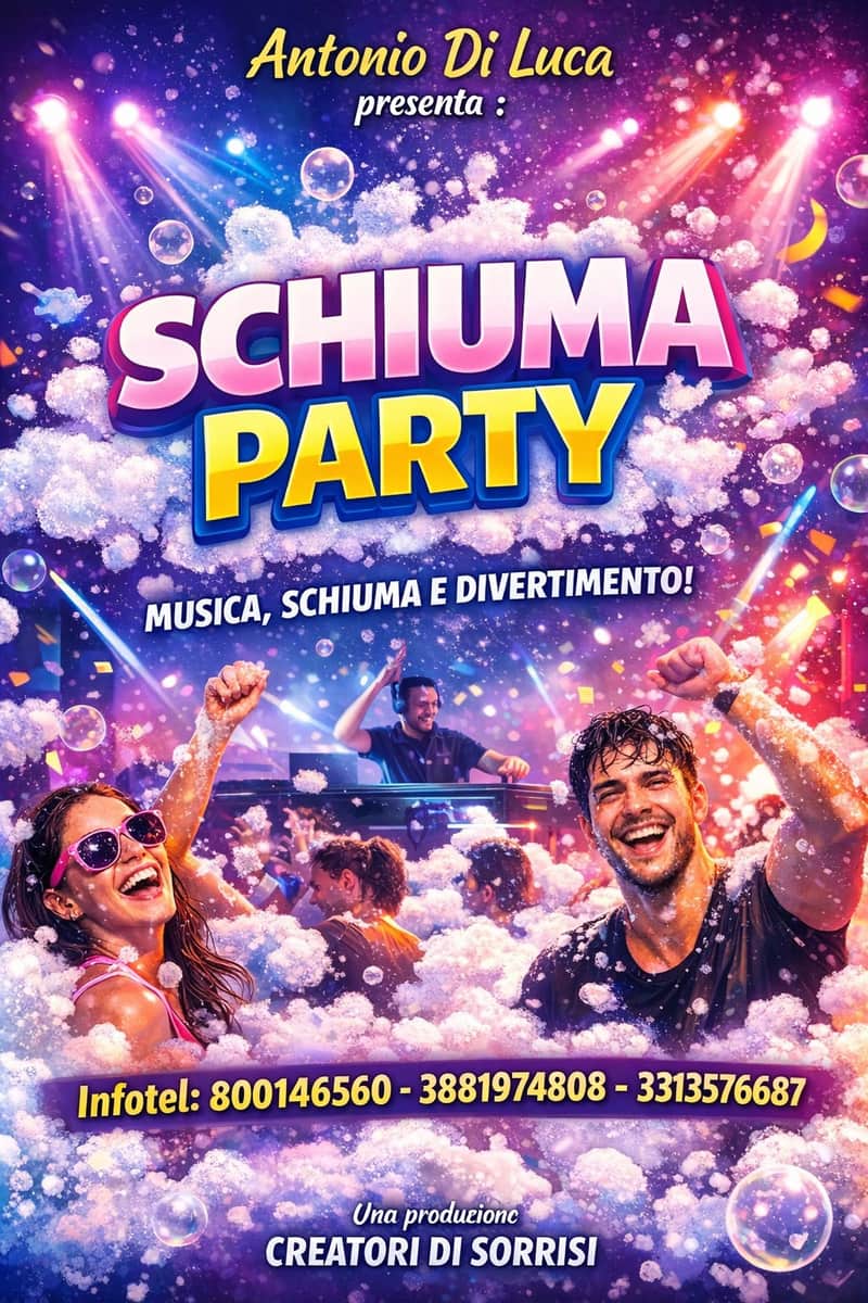 Locandina Schiuma Party con musica, schiuma e divertimento
