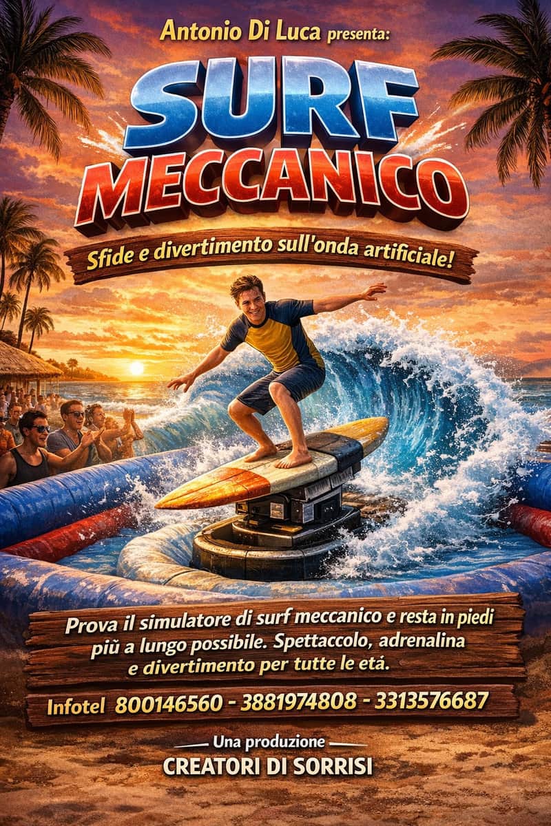 Locandina Surf Meccanico, simulatore di surf sull'onda artificiale per tutte le eta