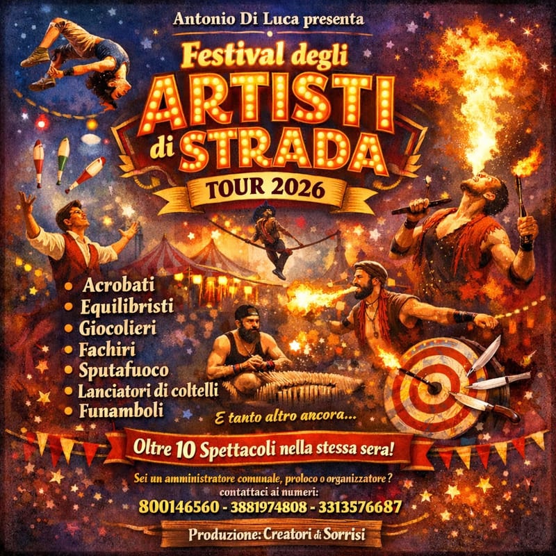 Locandina Festival degli Artisti di Strada Tour 2026 con acrobati, equilibristi, giocolieri, fachiri, sputafuoco e funamboli