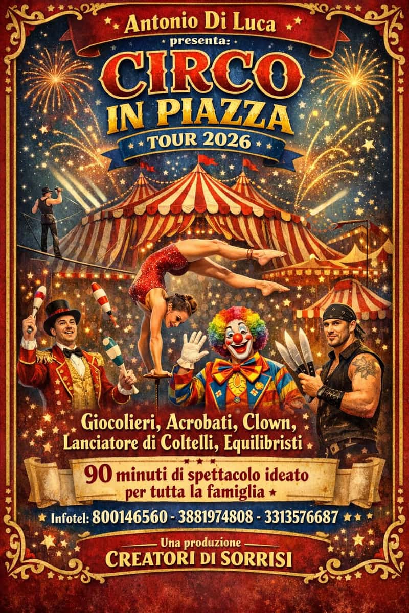Locandina Circo in Piazza Tour 2026 con giocolieri, acrobati, clown, lanciatore di coltelli ed equilibristi