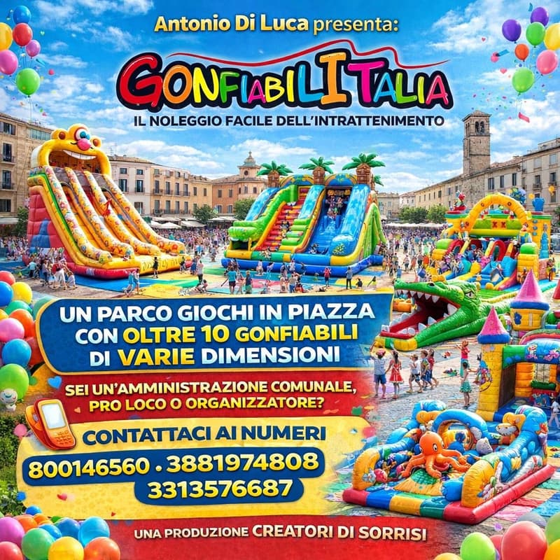 Locandina Gonfiabili Italia, parco giochi in piazza con oltre dieci gonfiabili di varie dimensioni