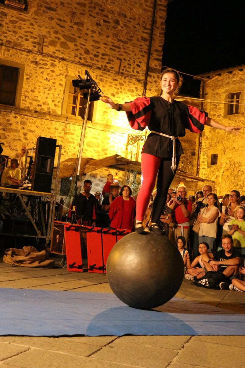 Equilibrista in piedi su una sfera davanti al pubblico in piazza
